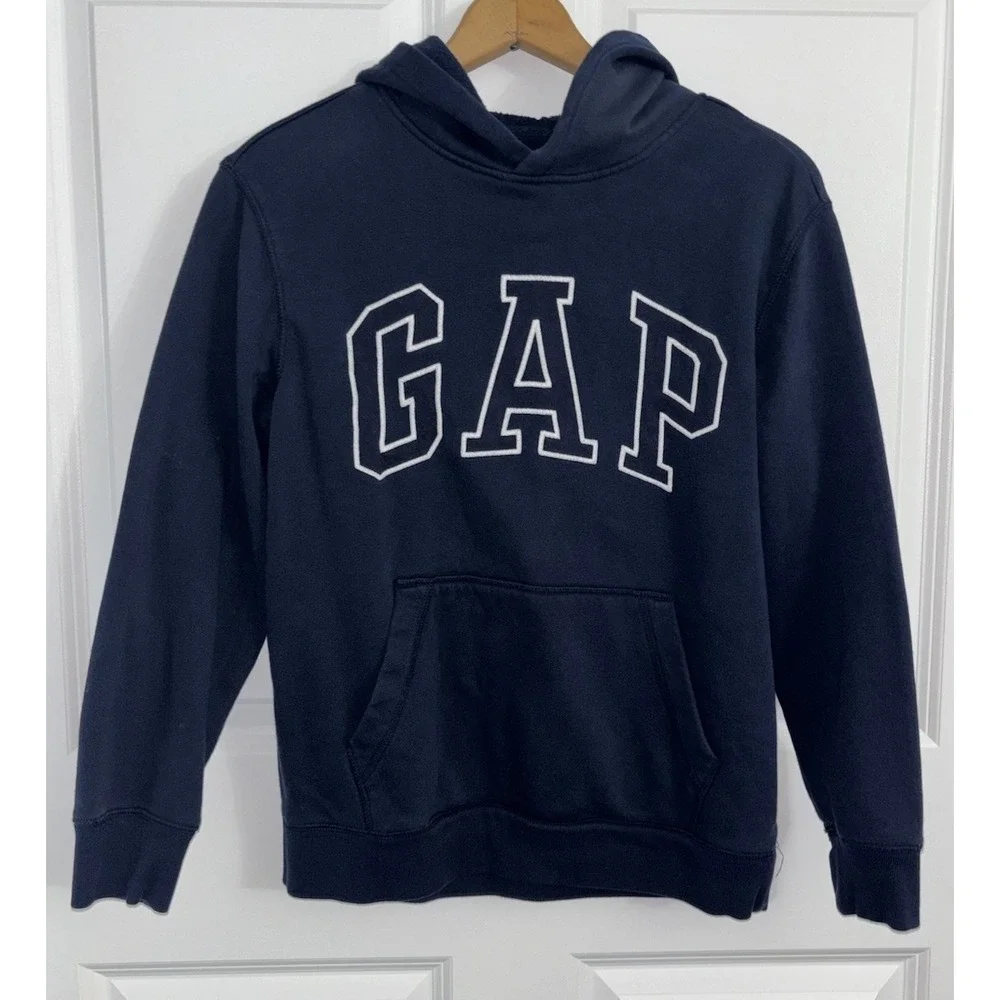 Gap Kids Boys XL Navy Pullover Hoodie Fleece Sweatshirt Logo‎ Long Sleeve